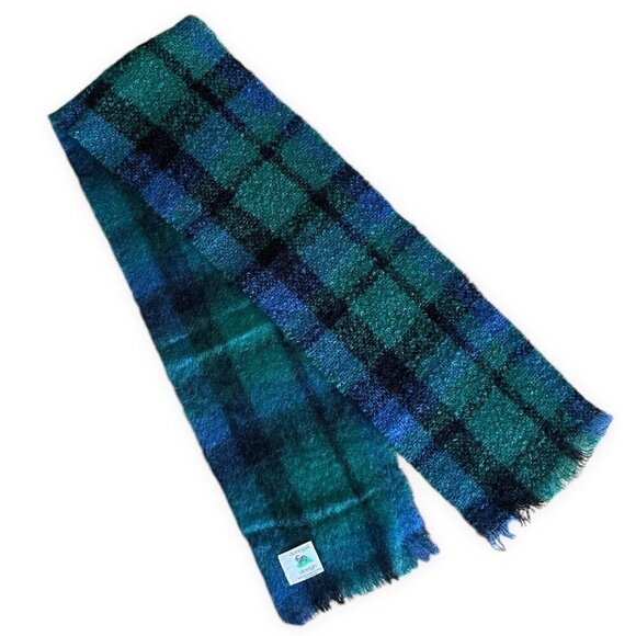 Donegal Design Plaid Mohair Wool Scarf 10"x66" Blue Green Handcrafted in Ireland - Picture 1 of 6